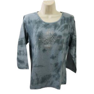 Harve Benard Sport Tee-Shirt Top Sz Medium Gray 3/4 Sleeve Rhinestones Tie-Dyed